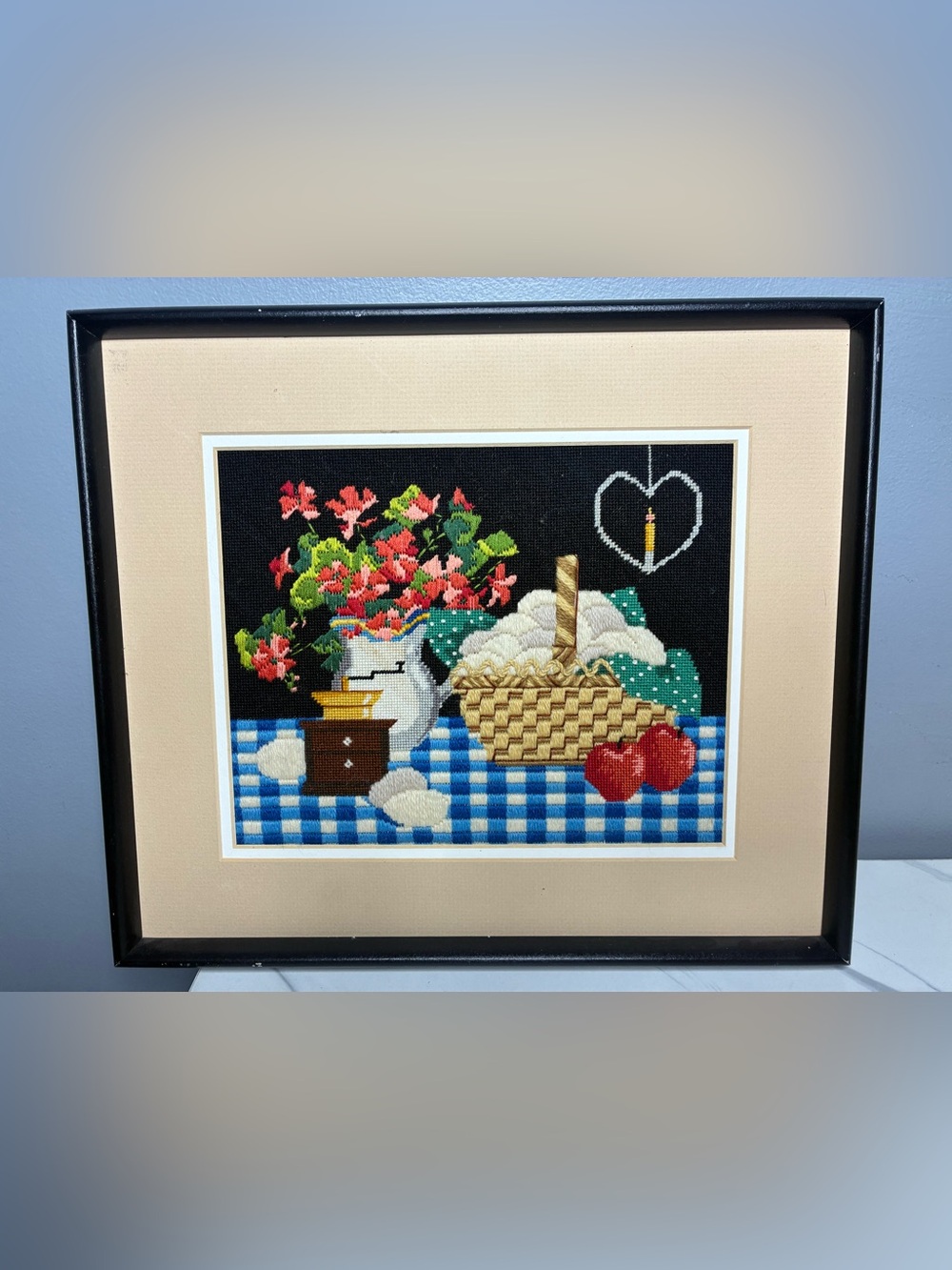 Framed Needlepoint Embroidery Picnic Basket Flowers Apples Cottage Wall Art